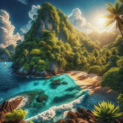 Primary subject: A beautiful tropical island with a lush green hillside, a sandy beach, and a blue lagoon.

Setting/background: The island is surrounded by a blue lagoon, and there is a hillside with a forest of palm trees.

Visual style: The image is a digital art illustration.

Colors and mood: The colors are vibrant and lush, with shades of blue, green, and brown. The overall atmosphere is serene and inviting